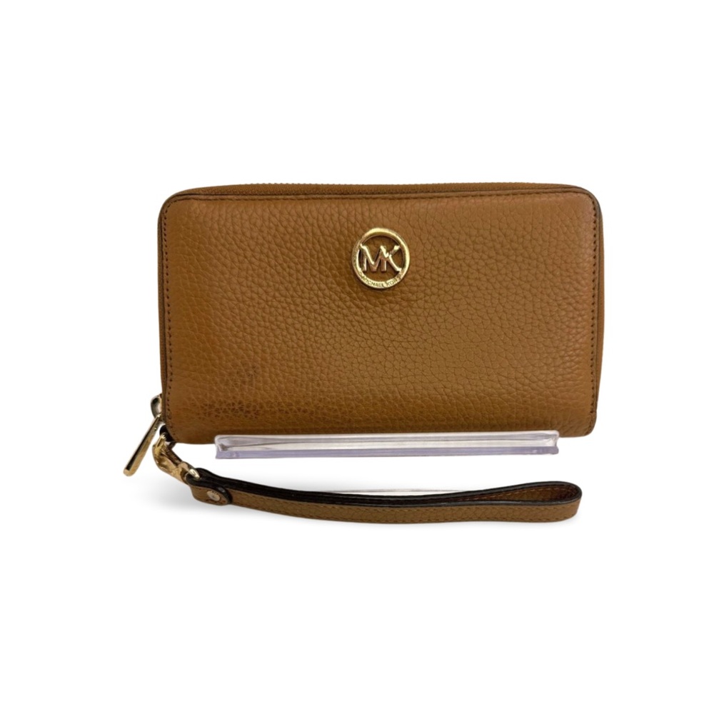 Michael Kors Pebbled Leather Zip Around Wristlet Wallet Brown
